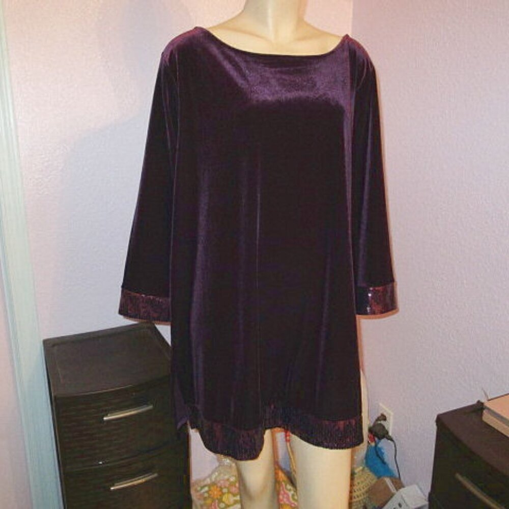 Susan Graver Artisan Purple Velvet Tunic Top 3X Sequins Bell Sleeves Whimsigoth